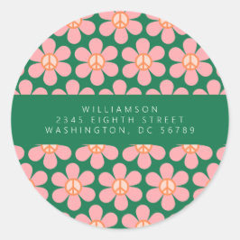 Peace Sign Flower Green Pink Shower Return Address Runder Aufkleber