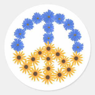 Peace Sign Gelb Sonnenblumen Blauer Kosmos Blumen Runder Aufkleber