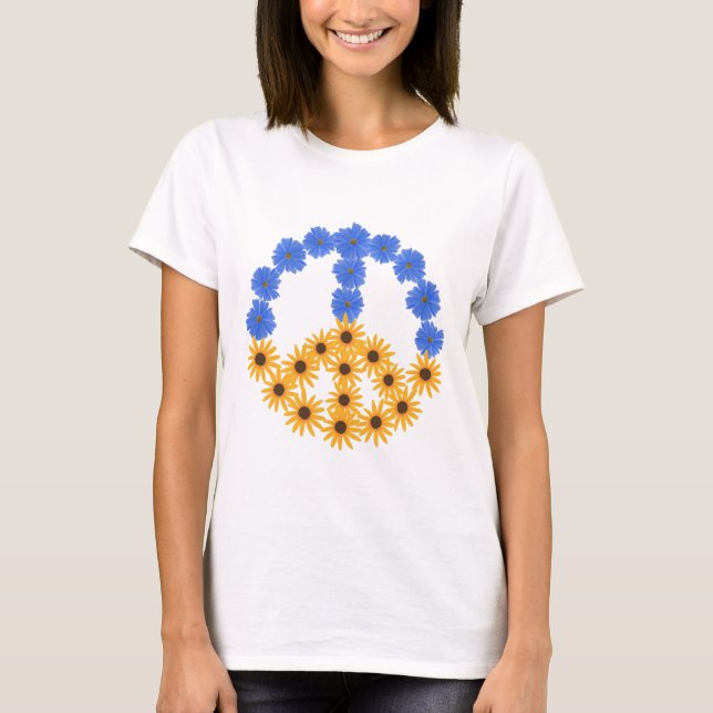 Peace Sign Gelb Sonnenblumen Blauer Kosmos Blumen T-Shirt (Vorderseite)