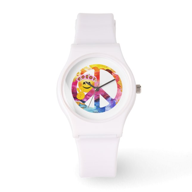 Peace Sign, Hippie Emoticon Wasserfarben Kunst Armbanduhr (Vorderseite)