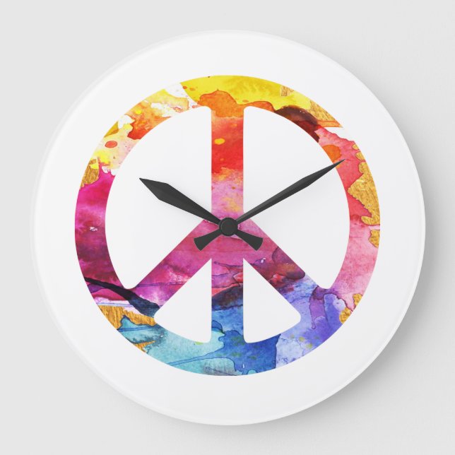 Peace Sign Hippie Girl 70s Große Wanduhr (Vorderseite)