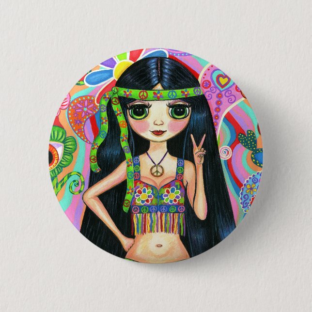 Peace Sign Hippie Girl Button (Vorderseite)