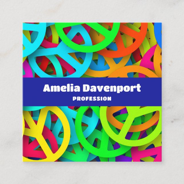 Peace Sign Pattern Groovy 60er Jahre Vibe Quadratische Visitenkarte (Vorderseite)