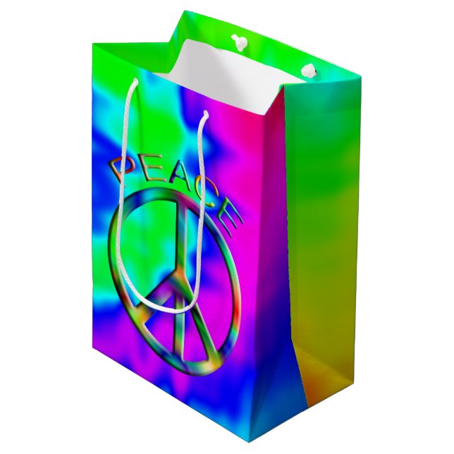 Peace Sign Rainbow Hippie Gift Bag Medium Mittlere Geschenktüte (Vorderseite Schrägansicht)