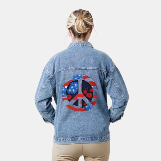 Peace Sign Symbol US Flag Red White & Blue Hippie Jeansjacke (Modell)