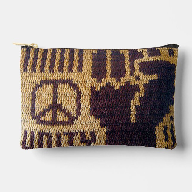 Peace Sign Unity Fist Brown Artisan Crochet Print Zubehörtasche (Vorderseite)