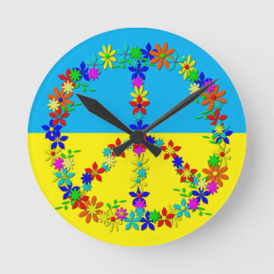 Peace sign with flowers,ukrainian flag  button wat runde wanduhr