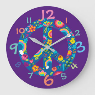Peace Sign with Flowers Wall Clock Große Wanduhr