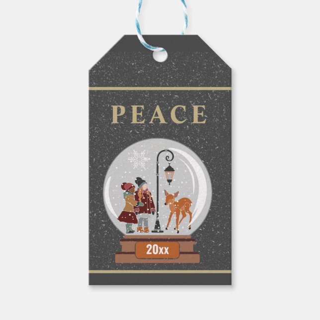 PEACE Snow Globe w/Dei Kids & Street Lamp Geschenkanhänger (Vorderseite)