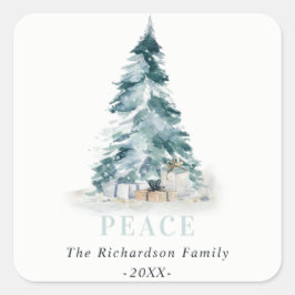 Peace Snow Watercolor Pine Weihnachtsbaum Geschenk Quadratischer Aufkleber