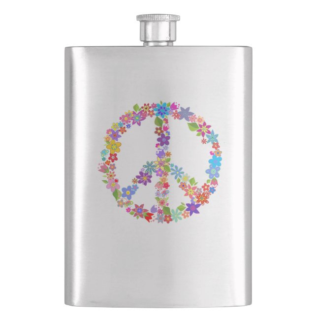 Peace Symbol Blume Power Farbiges Design Flachmann (Vorderseite)