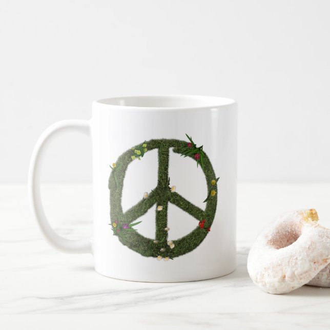 PEACE-Symbol für echte Grass-Blume Hippie 60er-Sig Kaffeetasse (Mit Donut)