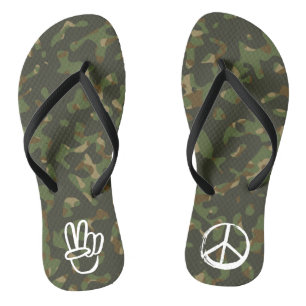 PEACE Symbol Hand V Signage Hippie Green Camouflag Flip Flops