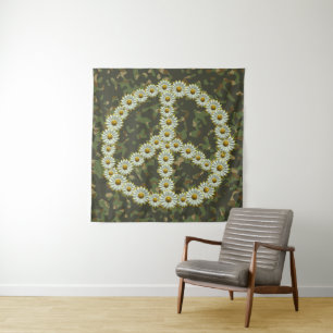 PEACE Symbol Sign - Hippie Blume Daisy Camouflage Wandteppich