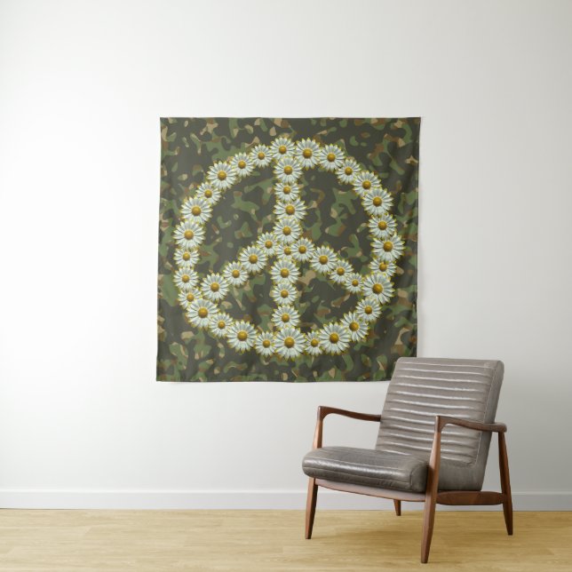 PEACE Symbol Sign - Hippie Blume Daisy Camouflage Wandteppich (Beispiel)