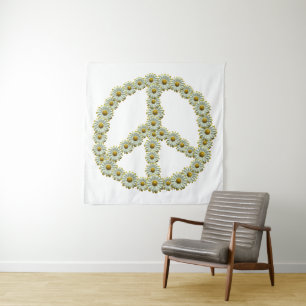 PEACE Symbol Sign - Hippie Blume Daisy Wreath Wandteppich