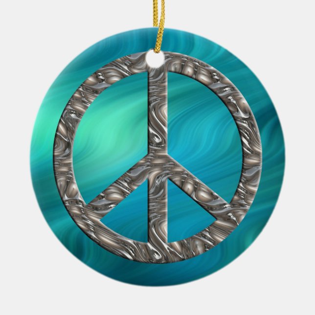 PEACE-Symbol - SILVER | Blaue Wellen Keramikornament (Vorne)