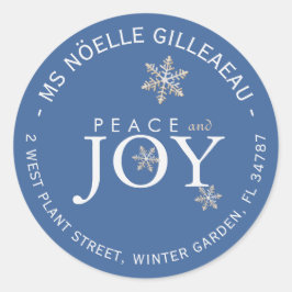PEACE und JOY Snow Covered Snowflakes Sky Blue Runder Aufkleber