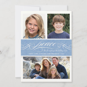Peace Winter Blue Holiday Triple Foto Flat Card Feiertagskarte