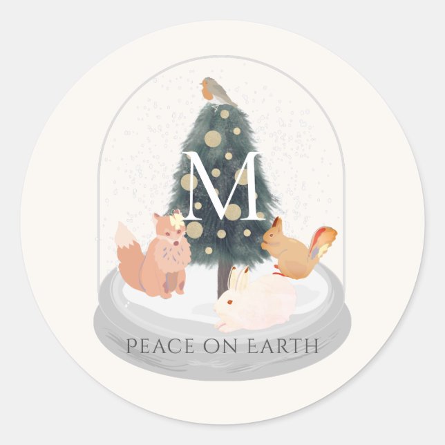 Peace Woodland Animes Snow Globe Monogram White Runder Aufkleber (Vorderseite)