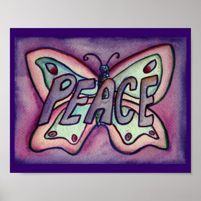Peace Word Lila Butterfly Poster Kunstdrucke (Vorne)