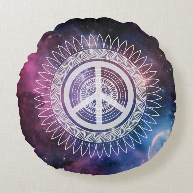 PEACE-Zeichen Symbol Mandala Space Lacy Hippie Spa Rundes Kissen (Vorderseite)