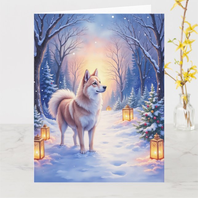Peaceful Akita on Snow Lantern Path Christmas Dog  Karte (Gelbe Blume)