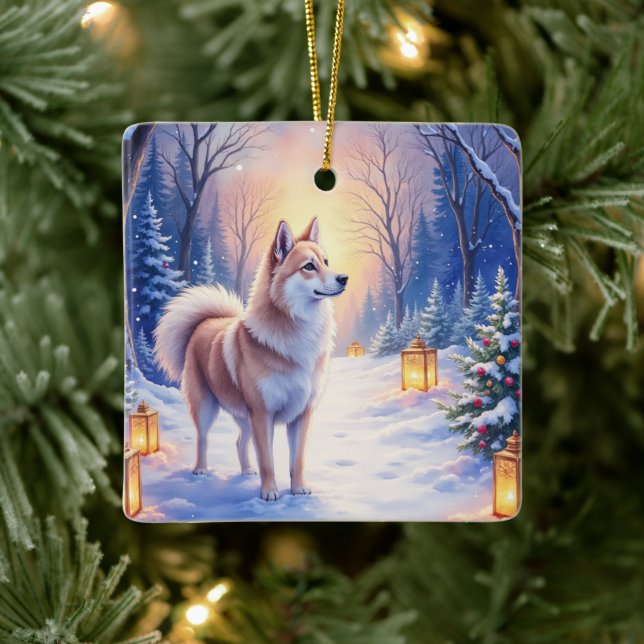 Peaceful Akita on Snow Lantern Path Christmas Dog  Keramikornament (Baum)
