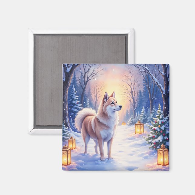 Peaceful Akita on Snow Lantern Path Christmas Dog  Magnet (Vorderseite/Rückseite)