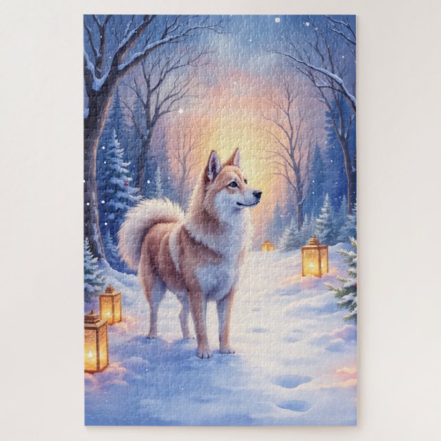 Peaceful Akita on Snow Lantern Path Christmas Dog  Puzzle (Vertikal)