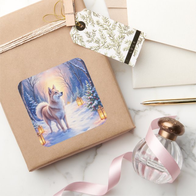 Peaceful Akita on Snow Lantern Path Christmas Dog  Quadratischer Aufkleber (Schenken)