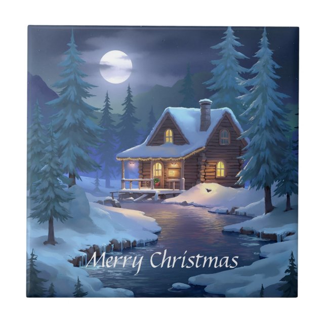 Peaceful Cabin in Winter Forest Fliese (Vorderseite)