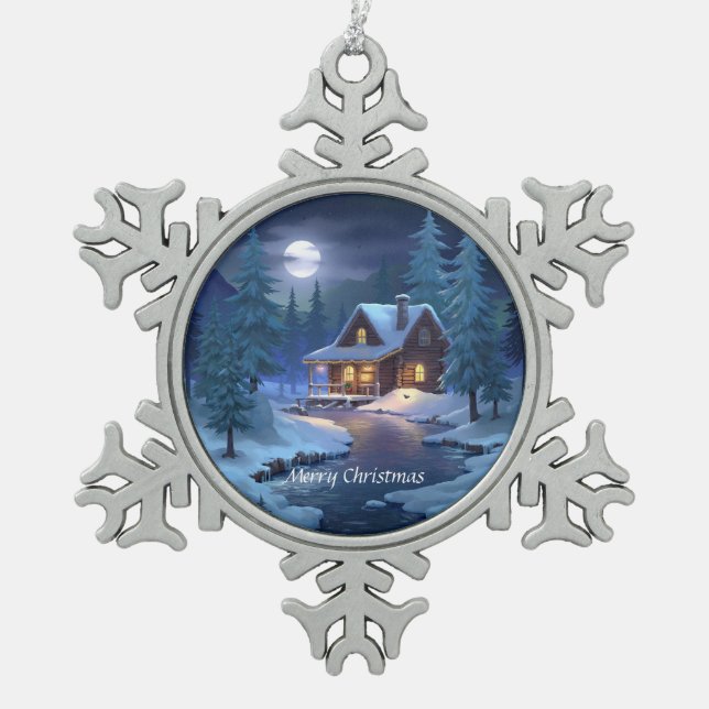 Peaceful Cabin in Winter Forest Schneeflocken Zinn-Ornament (Vorderseite)