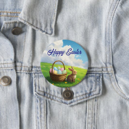 Peaceful Easter Spring Meadow Bunny & Egg Basket Button