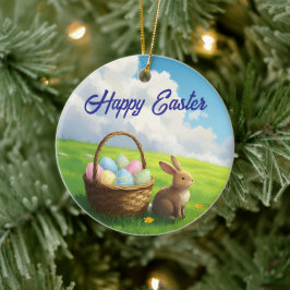 Peaceful Easter Spring Meadow Bunny & Egg Basket Keramik Ornament