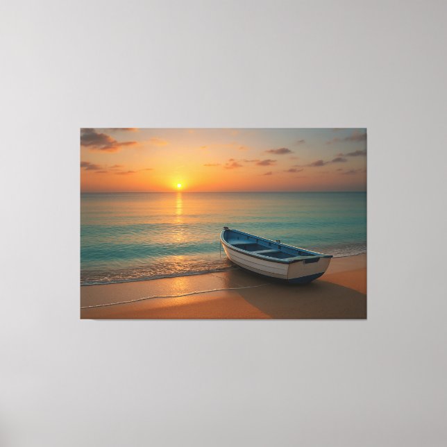 Peaceful Golden Sunset with Boat on Beach Canvas Leinwanddruck (Vorderseite)