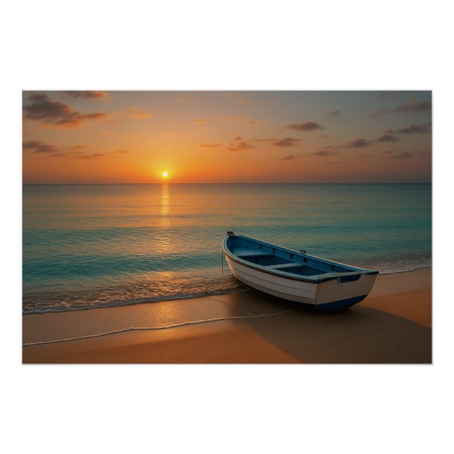 Peaceful Golden Sunset with Boat on Beach Poster (Vorderseite)