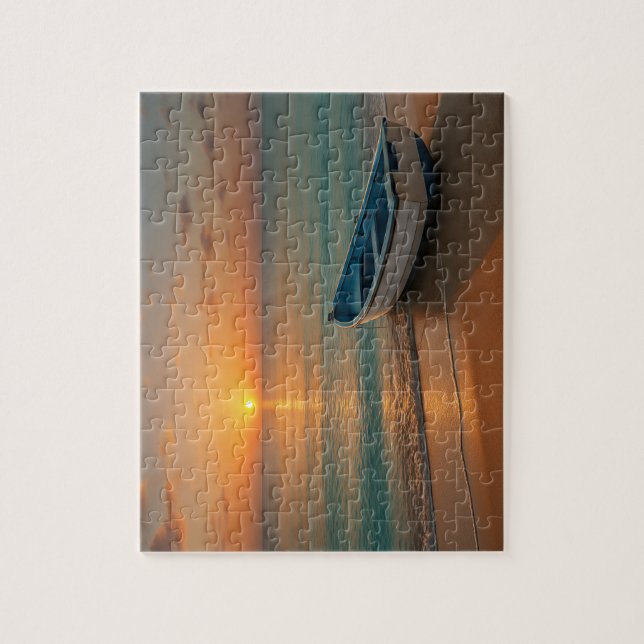 Peaceful Golden Sunset with Boat on Beach Puzzle (Vertikal)