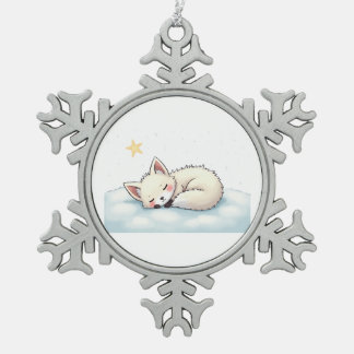 Peaceful Kawaii Arctic Fox Starry Night Winter Schneeflocken Zinn-Ornament