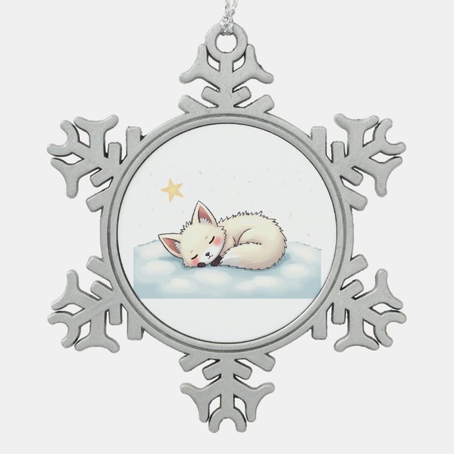 Peaceful Kawaii Arctic Fox Starry Night Winter Schneeflocken Zinn-Ornament (Vorderseite)