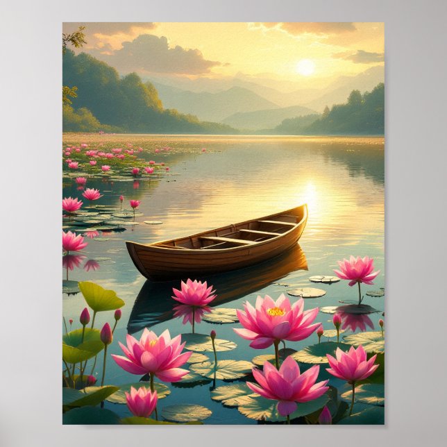 Peaceful Lake Sunset With Boat And Flowers Poster (Vorne)