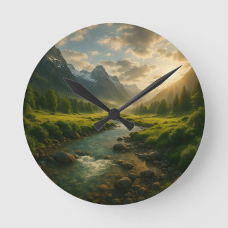 Peaceful Mountain River Landscape Nature Clock Runde Wanduhr