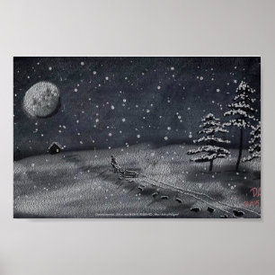 peaceful snowy night chalkboard scene poster