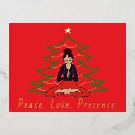 Peaceful Yoga Girl in front of Christmas Tree  Folien Feiertagspostkarte