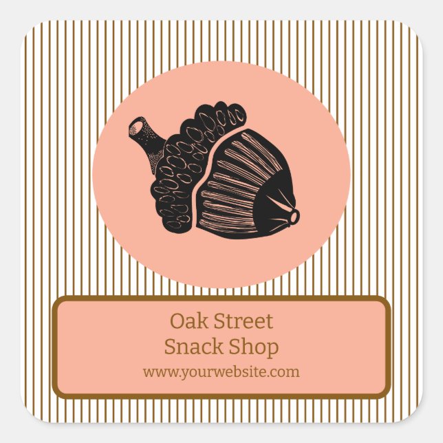 Peach Acorn on Brown Stripes Business Label Quadratischer Aufkleber (Vorderseite)