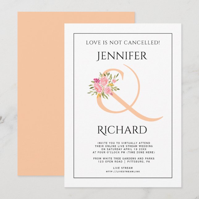 Peach ampersand und rosa Rosen virtuelle Hochzeit Einladung (Vorne/Hinten)