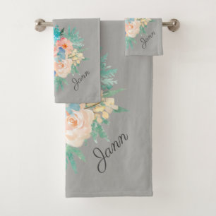Peach and Aqua Floral Bouquet mit Namen Badhandtuch Set