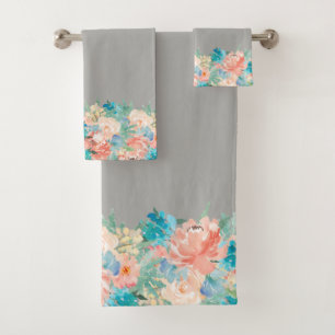 Peach and Aqua Watercolor Blumenmuster Badhandtuch Set