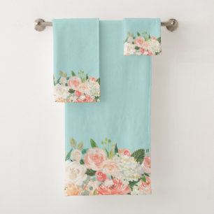 Peach and Aqua Watercolor Blumenmuster Badhandtuch Set