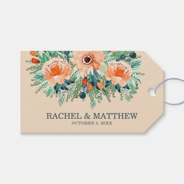 Peach and Aquamarin Floral Watercolor Wedding Viel Geschenkanhänger (Vorderseite (Horizontal))